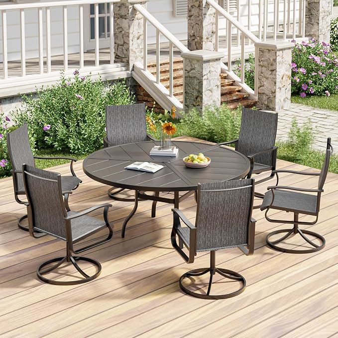 UDPATIO 7 Piece Outdoor Patio Dining Set with 51" Round Table & 6 Outdoor Swivel Rocker Dining Chairs with All Weather Textilene High Back & Metal Frame, Outdoor Table and Chairs Set for Backyard