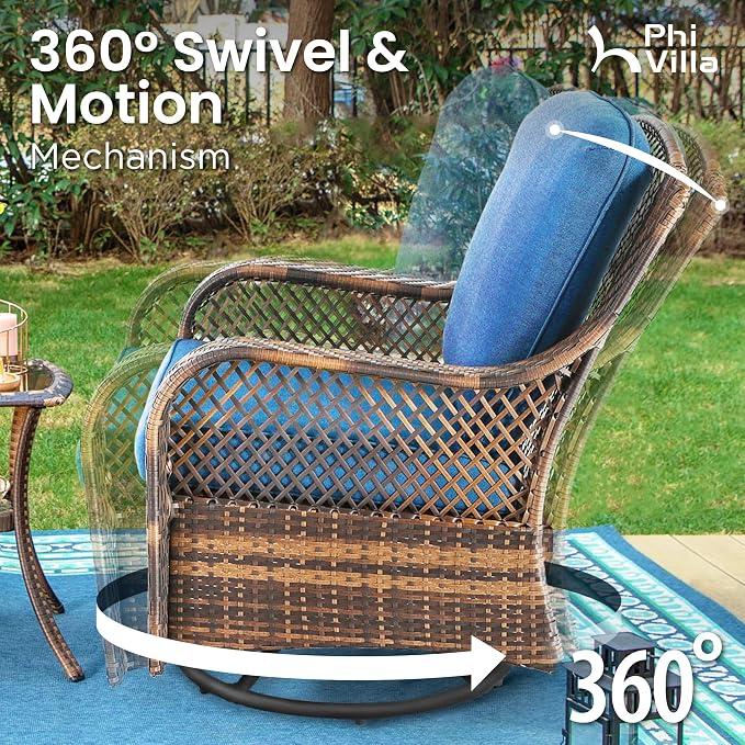 PHI VILLA Oversized Outdoor Wicker Patio Furniture Set 3 Piece, 2 Rattan Swivel Rocker Patio Chairs Large Oversized Deep Seating Group with Navy Blue Cushions & Side Table