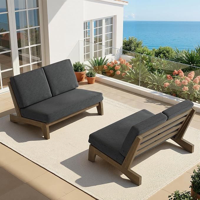 All Weather Wood Patio Furniture Sets, 3 Pieces Patio Loveseat Sofa Outdoor Sectional Futniture Backyard Conversation Set with Solid Wooden Coffee Table - Dark Gray