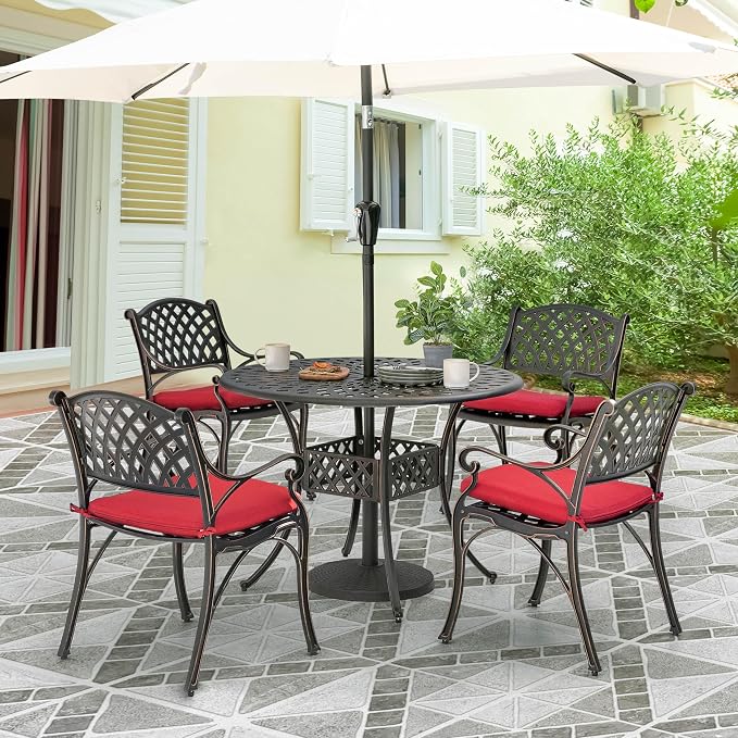 NUU GARDEN 5 Piece Patio Dining Set, Cast Aluminum Outdoor Dining Sets with Red Cushions, Round Patio Dining Table with Umbrella Hole for Garden, Backyard, Balcony, Black with Bronze Edge