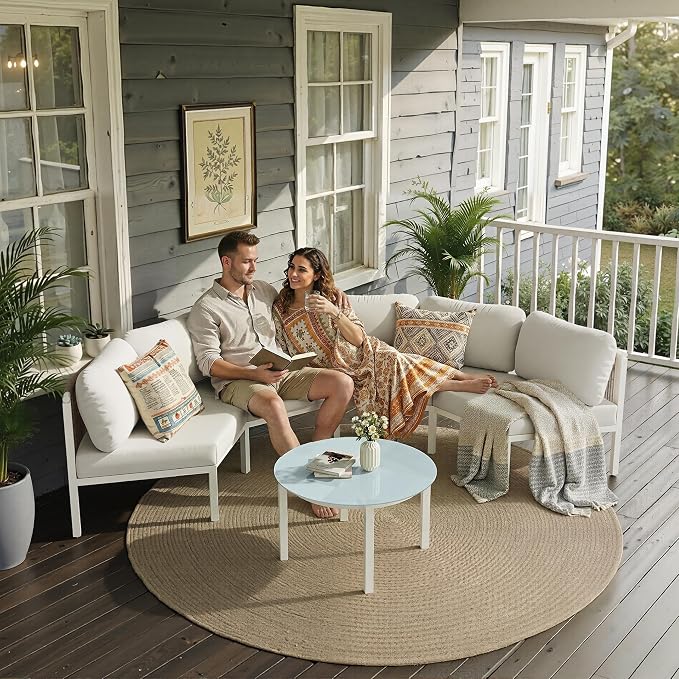 Crestlive Curved Patio Furniture Set, Modular Half Moon 4-Seater Sofa with Round Coffee Table, Aluminum Outdoor Sectional with 4.3" Cushions, All-Weather Couch for Backyard, Deck, Porch, Poolside
