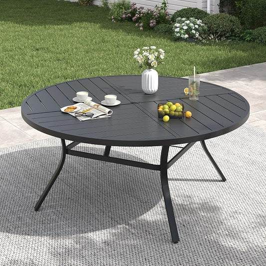 VICLLAX 50" Round Patio Table with Umbrella Hole, All Weather Metal Outdoor Dining Table for 6, Outside Table with Storage Shelf for Lawn Garden, Black