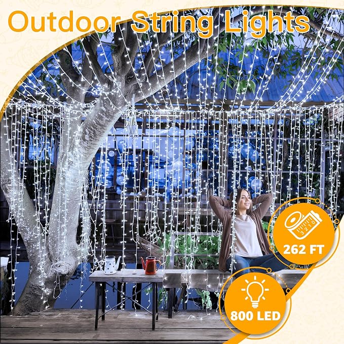 Ollny 262FT 800LED White Christmas Lights Outdoor Indoor Plug in | 8 Modes Fairy Light with Remote Waterproof Timers Dimmable LED String Lights for Bedroom Classroom Christmas Tree Decoration