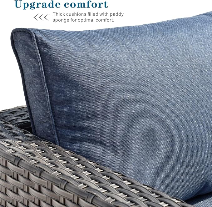 HOOOWOOO Patio Outdoor Sectional Furniture Sofa Set,7 Piece U Shaped Corner Wicker Rattan Couch Set,Rustic 6 Persons Summer Patio Conversation Set for Outside Porch Deck Garden(Denim Blue)