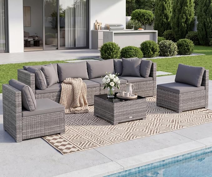 Tangkula 7 Pieces Wicker Patio Furniture Set, Outdoor Sectional Rattan Sofa Set with Seat & Back Cushions, Pillows, Coffee Table, Modular Conversation Set for Backyard, Poolside, Deck & Garden, Grey