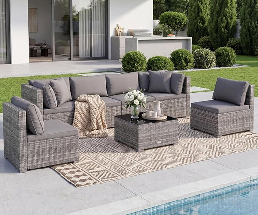 Tangkula 7 Pieces Wicker Patio Furniture Set, Outdoor Sectional Rattan Sofa Set with Seat & Back Cushions, Pillows, Coffee Table, Modular Conversation Set for Backyard, Poolside, Deck & Garden, Grey