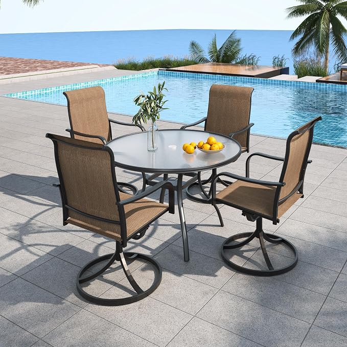 5 Piece 40" Patio Round Glass Table and Swivel Chairs Brown Yellow Set Sty2 | 4 Piece Swivel Chairs: High Back, Curved Armrest, Textilene Fabric, Rocking; 48 inch Metal Round Table, All Weather