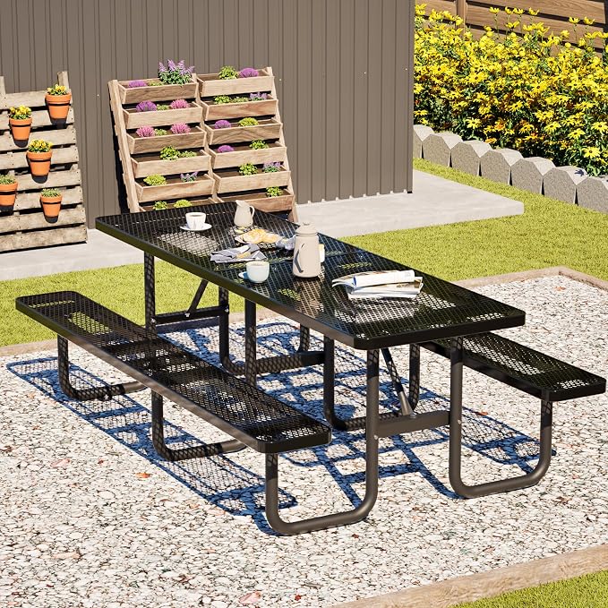 96" Heavy Duty Metal Picnic Table for 10 People, Outdoor Dining with Umbrella Hole, Galvanized Steel Rustproof Frame 882LBS Capacity, Mesh Top for Garden Patio Camping, Black