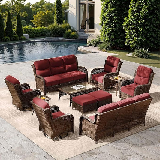 HILLGA Luxury Outdoor Patio Furniture Set with 6-Inch Thick Cushions,High Back Wicker Swivel Rocker Chairs, 11 Pcs All Weather Conversation Set for Large Deck, Yard and Poolside, Burgundy (V3)