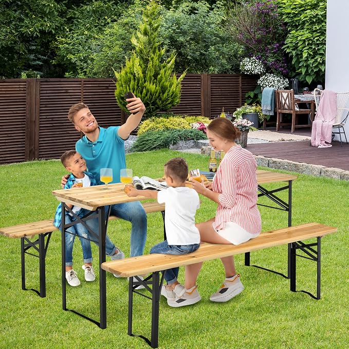 Goplus Foldable Picnic Table with Benches, 3-Piece 70” Portable Beer Garden Table with Sturdy Steel Frame, Folding Wooden Picnic Tables for Outdoors, Patio, Backyard
