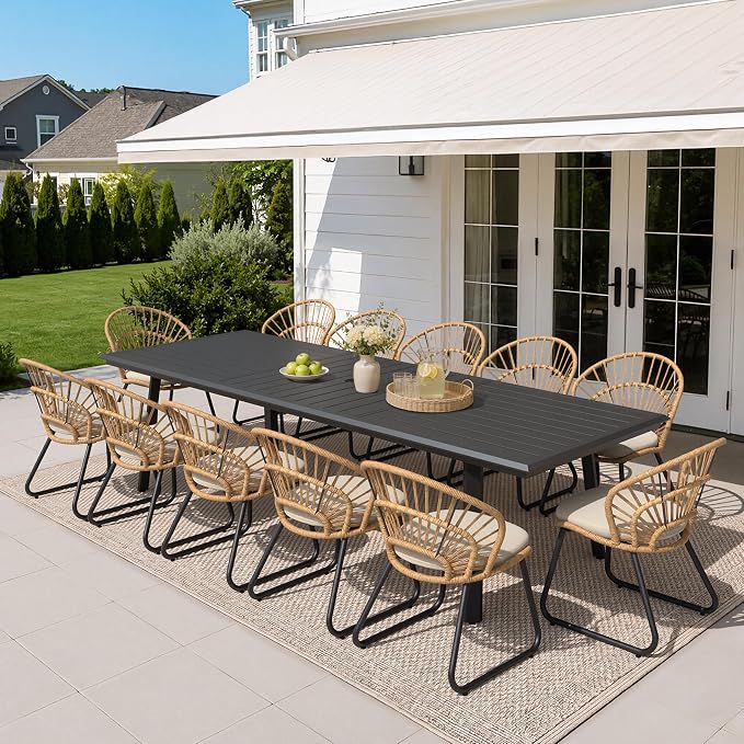 13 Piece Aluminum Patio Dining Set with Rattan Outdoor Chairs | 116" Large Rectangle Table with Umbrella Hole, 12 Shell Shaped Side Chairs with Beige Cushions for Backyard Garden Deck