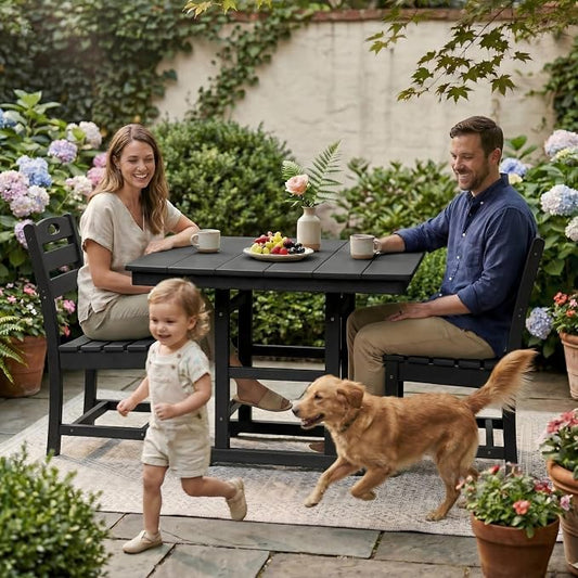 WILLIAMSPACE 37.8" Outdoor Patio Dining Set with 2 Armless Chairs, All Weather HDPE Square Dining Table with Umbrella Hole, Patio 3-Piece Bistro Set for Backyard, Balcony, Lawn, Kitchen (Black)