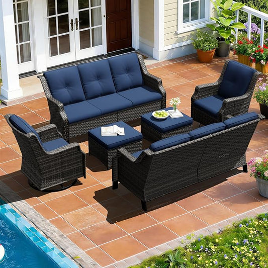 Outdoor Patio Furniture Set, 6 Piece Wicker Patio Furniture with Thick Cushions, Curved Armrest, Deep Seating, Rattan Outdoor Chairs for Porch, Deck, Balcony