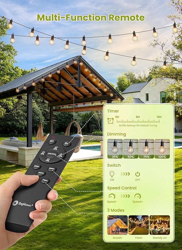 Brightown 37FT Solar String Lights Outdoor, IP65 Waterproof, Remote, Timer | Patio Lights with 10 LED Shatterproof Bulbs, 3 Light Modes, Dimmable, Outside Light for Backyard Porch Yard Party Xmas Decor