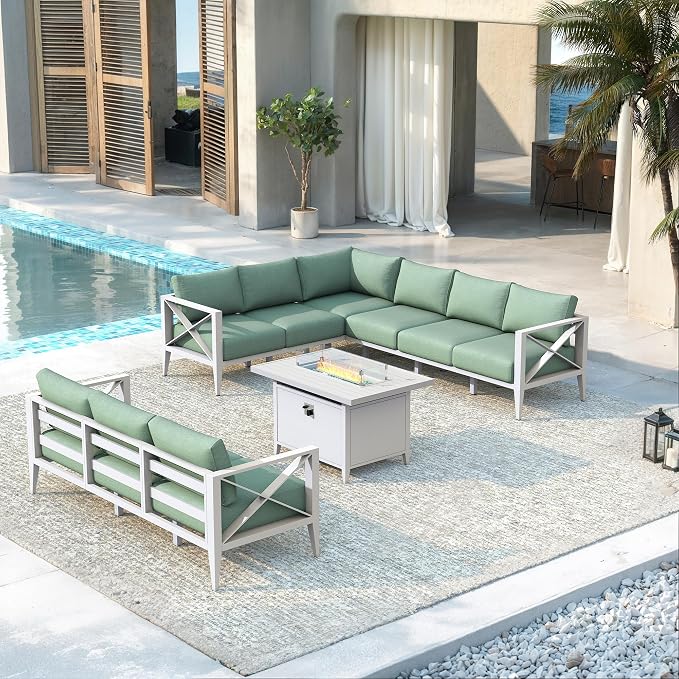 Patio Furniture Set with Fire Pit Table Outdoor Sectional Sofa Conversation Set for Backyard Deck Garden Seating