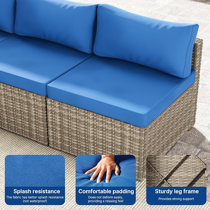 Tradare 5 Piece Patio Furniture Set, Outdoor Wicker Patio Sofa Set, PE Rattan Sectional Couch with Glass Table and Blue Cushions, All-Weather 5 Piece Outdoor Patio Furniture Sets, Grey
