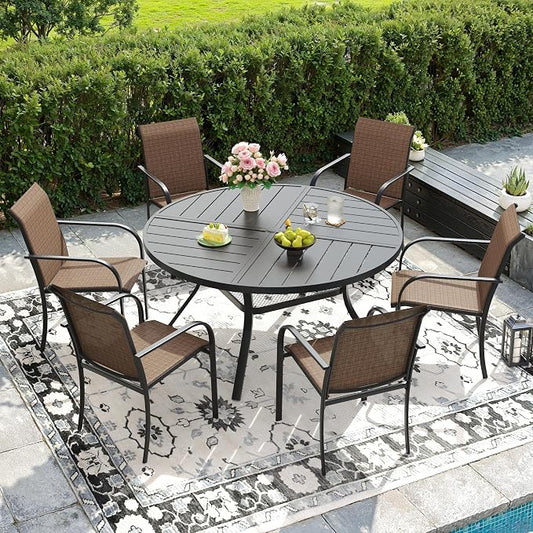 DIFY Patio Dining Set for 6, 7 Piece Outdoor Table and Chairs Set, 47.2" Black Round Metal Patio Dining Table and 6 Brown Textilene Stackable Patio Chairs, for Backyard Garden Poolside