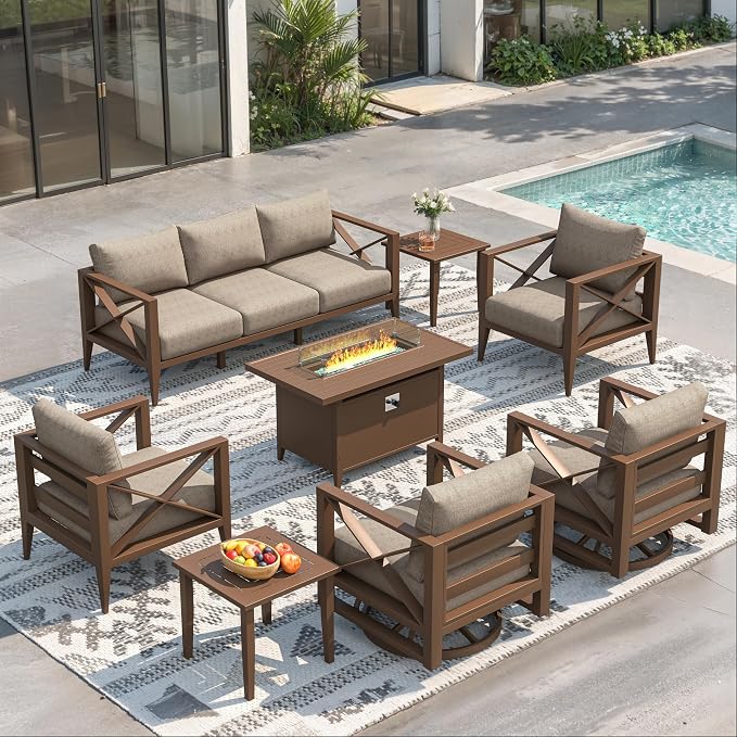 Aluminum Outdoor Patio Furniture Set with Swivel Chairs, 10-Piece Outdoor Sectional with 5.2" Thick Cushions, Patio Conversation Sets with Plus Fire Pit for Backyard,(Brown,7 Seats)