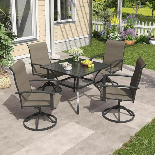 VICLLAX 5 Pieces Patio Outdoor Dining Set, 4 Swivel Textilene Chairs and 38" Square Metal Table with Umbrella Hole for Porch, Deck, Garden, Black/Brown
