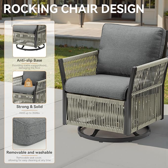 Patio Furniture Set Outdoor/Indoor, Wicker Patio Sofa, 3pcs Furniture Set with Swivel Rocker Chairs and Side Table for Backyard, Garden, Poolside(Grey)