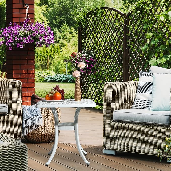 VINGLI 21" Cast Aluminum All Weather Round Patio Coffee Table Porch Bistro End Table (White)