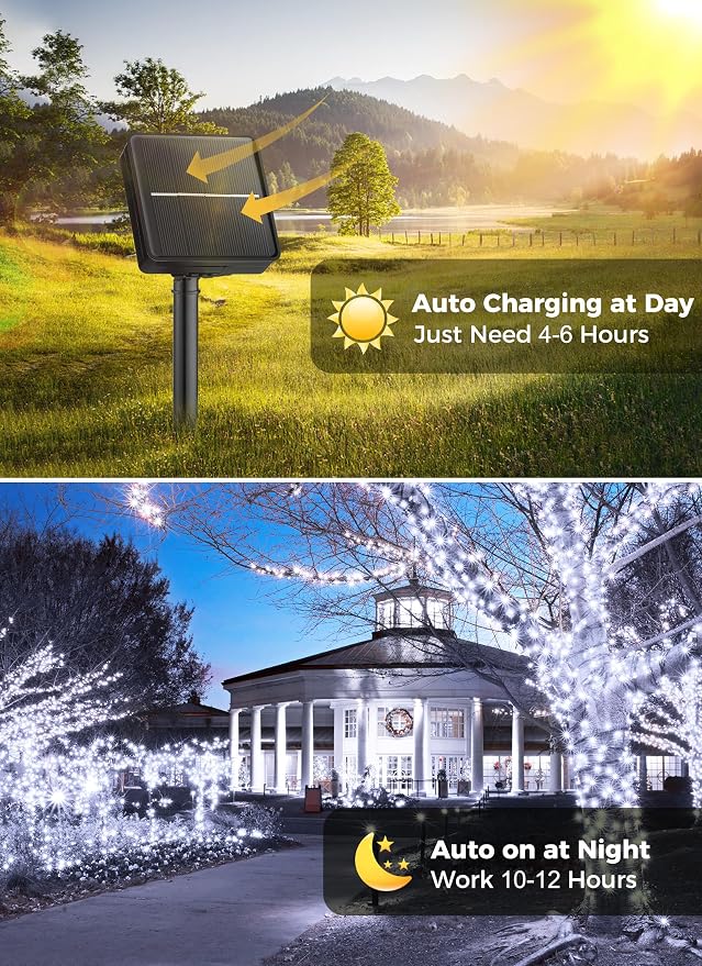 Minetom Solar String Lights Outdoor,40FT 100 LED Solar Powered String Light | Patio Light with 8 Lighting Modes, Waterproof Outdoor Solar Lights for Outside Tree Garden Balcony Yard Christmas, Pure White