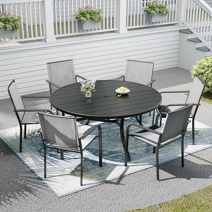 Patio Table and Chairs Set for 6 Person,54" Round Steel Slat Outdoor Table with 6PCS Breathable Textilene Stackable Chairs for Deck/Backyard/Poolside/Garden