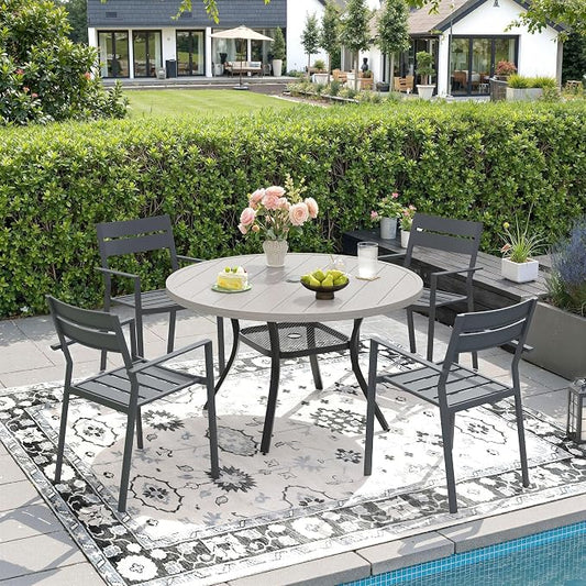 DIFY 5 Piece Outdoor Patio Dining Set for 4, Patio Table and Chairs Set with Umbrella Hole, 40.6" Round Dining Table and Stackable Metal Chairs for Backyard Garden Poolside, Grey Wood-Like & Grey