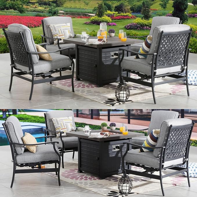 Patio Conversation Set Outdoor Furniture CSA Certification 50,000 BTU 33.9 Inch Propane Fire Pit Table Sets with Rocking Chairs Thick Cushions(5 Pcs,Grey)