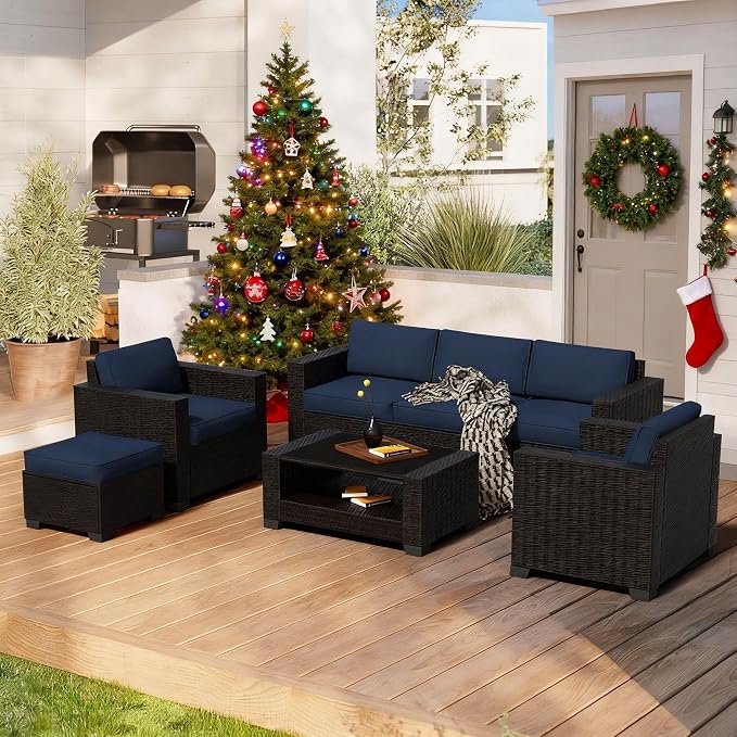 YLGJ&TIDY 7 PCS Outdoor Patio Wicker Furniture Set Sofa with Coffee Table | All Weather Rattan Woven Patio Conversation Set with Dark Blue Thicken Cushion and Tempered Glass Table for Garden Backyard