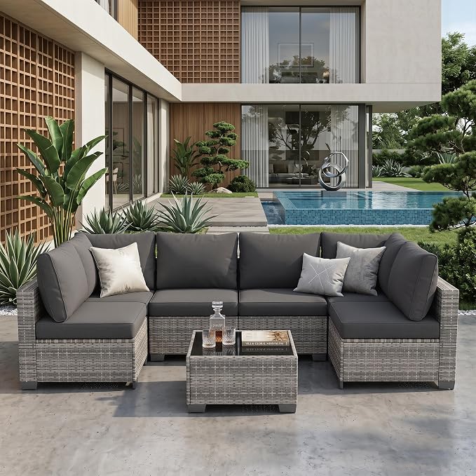 7-Piece Modular Outdoor Sectional Wicker Patio Furniture Set | All-Weather Conversation Set w/ Glass Coffee Table for Backyard, Garden, Poolside (Grey PE Rattan + Grey Cushions)