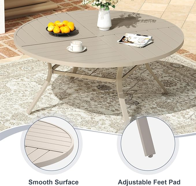 VICLLAX 11 Pieces Patio Outdoor Dining Set, 60" Large Round Metal Table with Umbrella Hole and 10 Stackable Textilene Chairs for Patio, Lawn, Garden, Porch, Sandshell