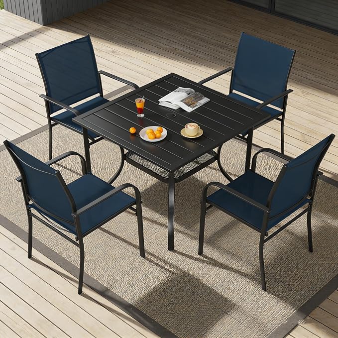 SUNCROWN 5 - Piece Furniture Set, Outdoor Dining Set with 4 x Textilene Dinning Chairs and 1 Steel Slat Metal Bistro Table for Lawn Garden Backyard Deck, Dark Blue