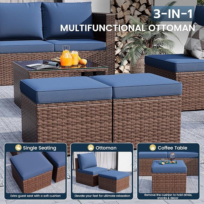 Amopatio Patio Furniture Set, Space-Saving Nestable All-Weather Wicker Outdoor Conversation Sofa Set with Glass Coffee Table, Cushions & Ottomans for Deck Backyard Porch Lawn Navy Blue