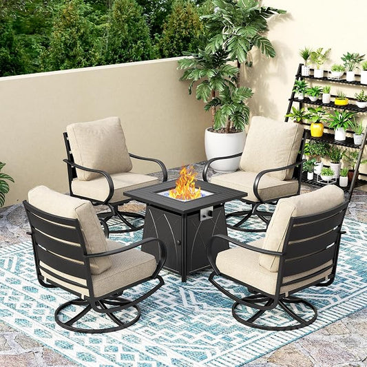 PHI VILLA 5 Piece Patio Furniture Set with 28" Firepit Table, 4 Outdoor 5.75" Cushioned Metal Frame Swivel Sofa Chairs & 28" Gas Firepit Table, Outside Furniture Set for Lawn Garden(Beige)