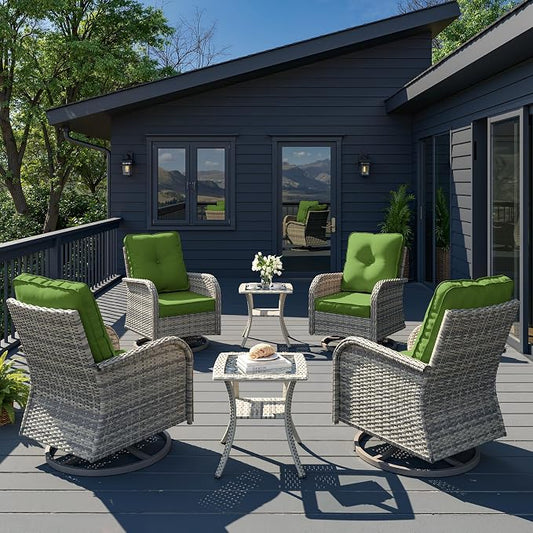 6-Piece Patio Rocking Swivel Chair Outdoor Wicker Rattan Bistro Set with Tempered Glass Side Table, Outdoor Patio Furniture Set for Garden, Deck, and Balcony, Avocado Green