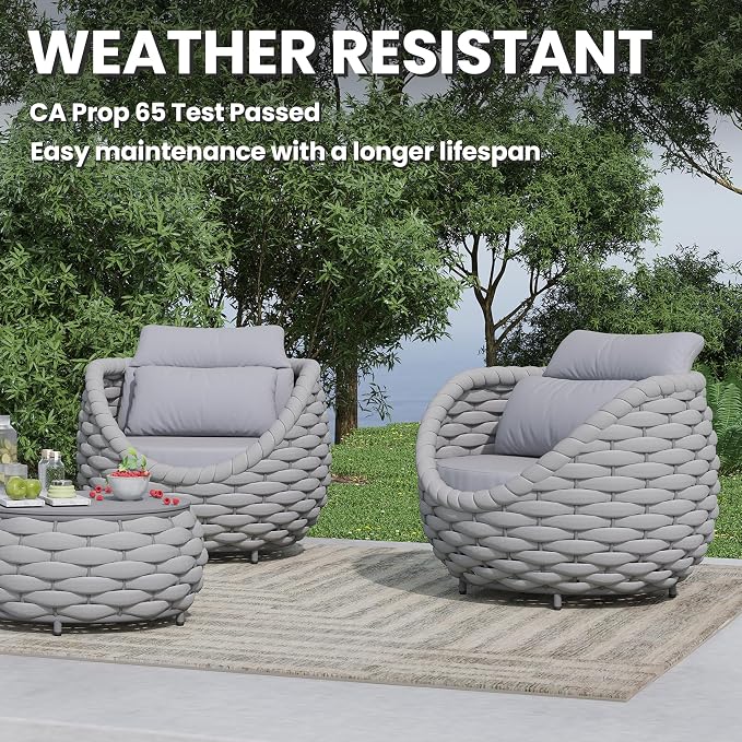 Front Porch Furniture Set: 3 Pieces Aluminum Patio Conversation Sofa Set for 2 - All Weather Woven Rope Outdoor Armchair Set w/Cushions No Assembly for Bistro Pool Yard Balcony Deck Hotel, Gray