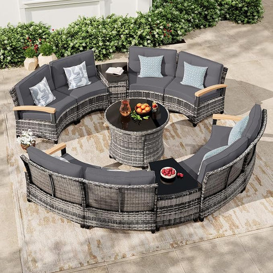 MEISSALIVVE 11 Piece Outdoor Patio Furniture Set, Half-Moon Curved Sectional Set with Wood Armrests, Patio Conversation Set for Porch,Deck,Balcony (Grey)