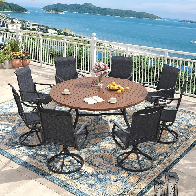 60" Outdoor Dining Table with Adjustable Umbrella Hole, Metal Slatted Round Patio Dining Table for Backyard Garden Deck, Walnut