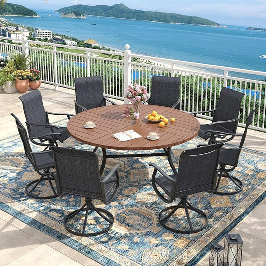 Outdoor Dining Set for 8, 60.1" Metal Round Outdoor Dining Table with Umbrella Hole and Sling Patio Swivel Chairs, 9 Pieces Patio Table and Chairs Set for Garden Backyard, Charcoal and Walnut