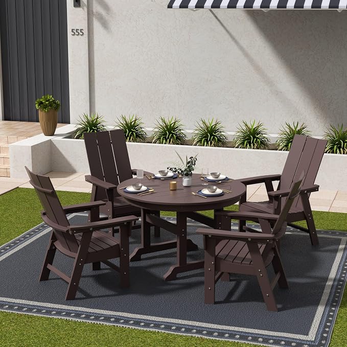 WestinTrends Ashore 5 Pieces Adirondack Outdoor Dining Set, All Weather Poly Lumber Slatted Modern Farmhouse Patio Furniture Set, 47" Trestle Round Table and 4 Adirondack Dining Chair, Dark Brown