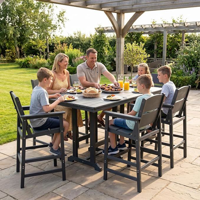 HDPE Outdoor Bar Height Chairs Set of 6, 28.5" Seat All-Weather High Top Patio Stools with Backrest, Heavy Duty Patio Bar Stools with Arms, High Top Outdoor Chairs for Deck/Party/Pool, Grey