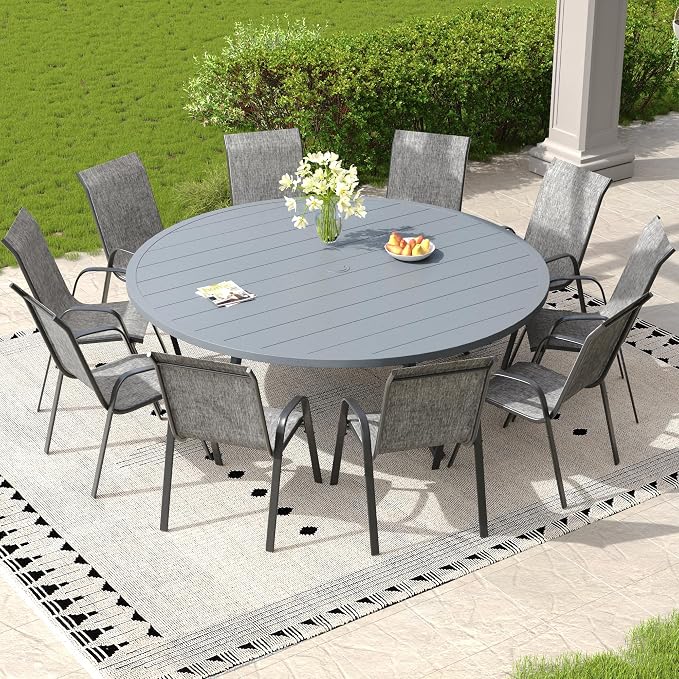11 Pieces Outdoor Dining Set, 63" Round Table with Umbrella Hole & Stackable Patio Dining Chairs, Patio Table and Chairs Set for Deck Garden Porch, Grey Chairs & Dark Grey Table