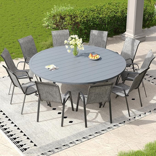 11 Pieces Outdoor Dining Set, 63" Round Table with Umbrella Hole & Stackable Patio Dining Chairs, Patio Table and Chairs Set for Deck Garden Porch, Grey Chairs & Dark Grey Table