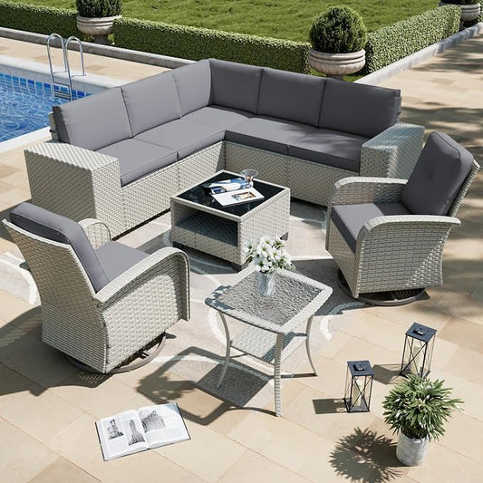 9-Piece Outdoor Patio Furniture Set, Modular Sectional Sofa Set with Swivel Rocker Chairs, Wicker Outdoor Couch Conversation Sets w/Coffee Table and Cushions, Gray