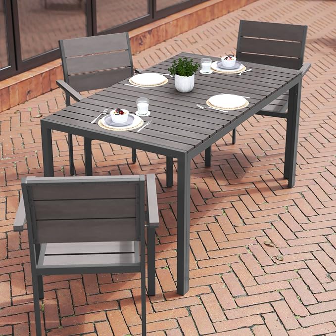 Flash Furniture Finch Commercial Grade Outdoor Dining Table 55" x 31" with Faux Teak Poly Slats and Metal Frame, Gray/Gray