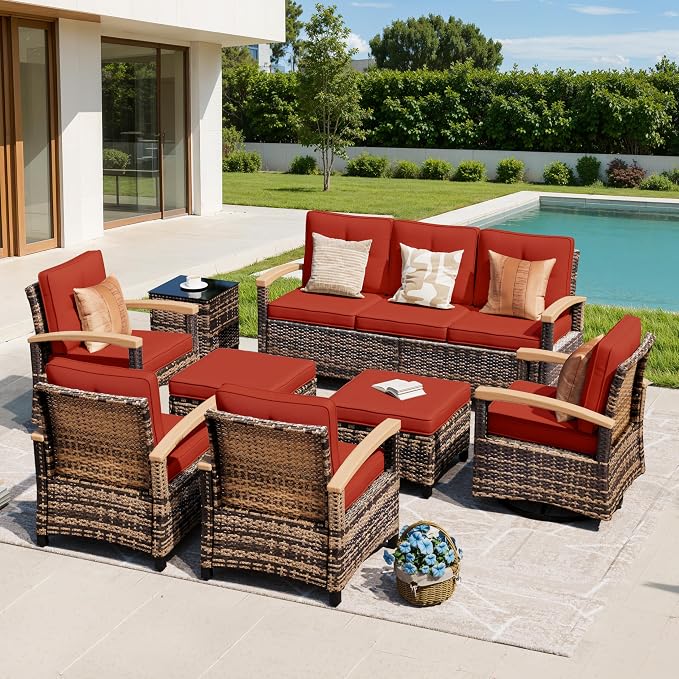 MEISSALIVVE 8 Pieces Outdoor Patio Furniture Sets, Wicker Patio Conversation Sets with 2 Wood Armrests Swivel Glide Chairs,2 Single Chairs, 3-seat Sofa (Red)