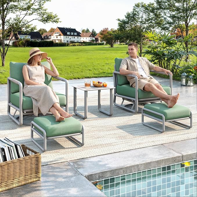 5-Piece Outdoor Swivel Rocker Set with Ottomans, Aluminum Frame & 6.5" Thick Cushions, 380LBS Capacity & Side Table for Porch, Backyard