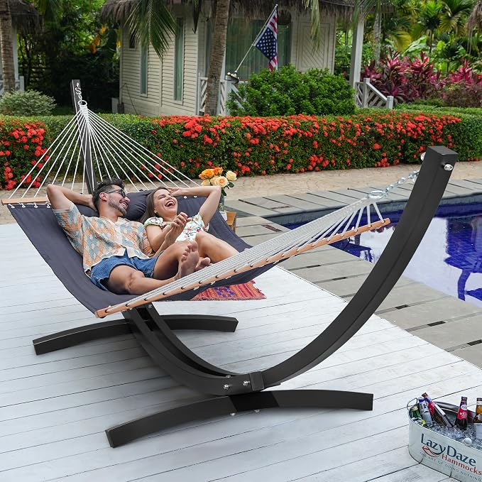 Lazy Daze Hammocks Outside Quilted Hammock with 13 FT Curved Steel Heavy Duty Stand and Pillow for Outdoor, Backyard, Patio, 450 Lbs Capacity, Grey