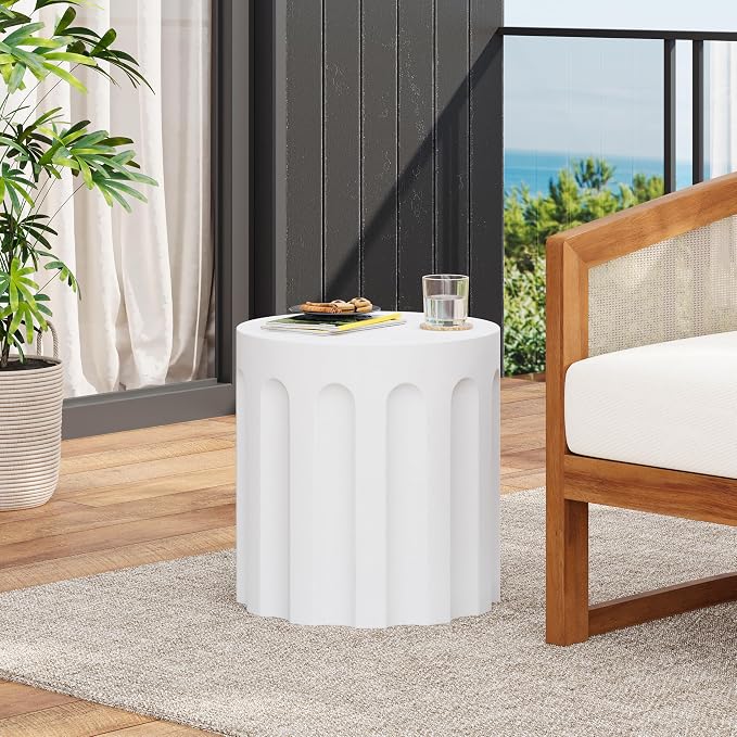 Outdoor Side Table Concrete End Table Faux Stone Side Tables Small Coffee Tables for Indoor Outdoor, Garden Stool Plant Stand for Porch, Backyard Patio, 15.75"*16.25*White Round